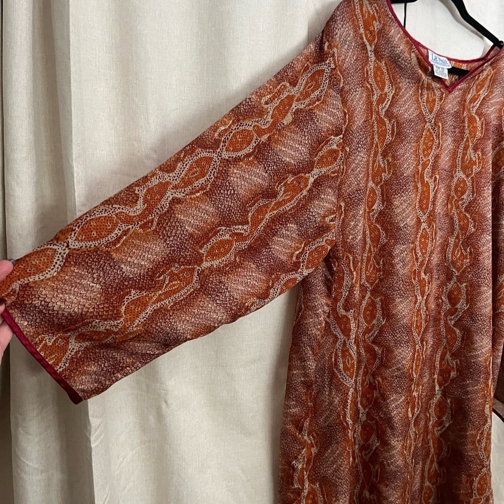 5/$45 Vintage 70s Long Semi Sheer Orange Snakeskin Kaftan by La Nuit - Picture 4 of 14